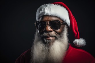 Modern black Santa Claus in Santa hat with sunglasses and long white beard, smiling while looking