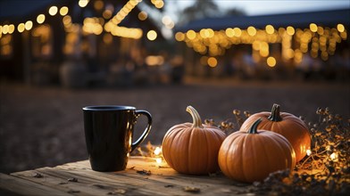 Cup of hot apple cider, hot chocolate or coffee on picnic table at an outdoor fall decorated party,