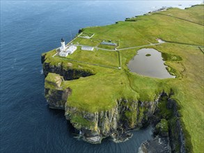 Aerial view of the lighthouse at Noss Head, North Sea coast, Wick, County Caithness, Scotland,