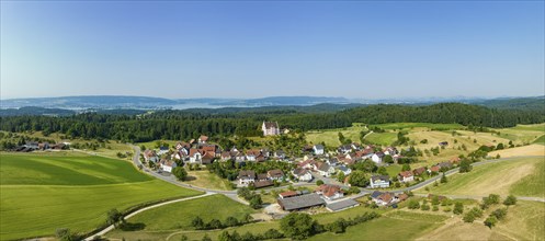 Aerial panorama of the village Freudental with the castle Freudental on the Bodanrück, on the right