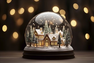 Winter Wonderland with house and trees in Glass Ball Snow Globe on table and blurred bokeh