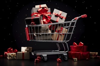 A black Friday Sale concept, black present boxes with red ribbons in shopping cart on a black