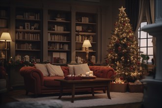 A cozy interior living room decorated for Christmas with a Christmas tree with presents gift boxes.