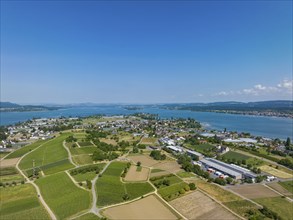 View over Reichenau Island with the vineyard at Hochwart, Constance County, Baden-Württemberg,