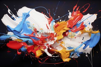 Abstract background of vibrant colorful paint splashes on black background, AI generated