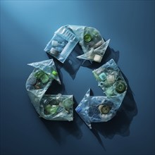 Recycle sustainability plastic pollution concept, recycling symbol made of recycled plastic bottles