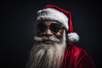 Modern black Santa Claus in Santa hat with sunglasses and long white beard, smiling while looking