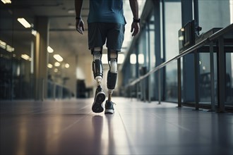 Amputee sportsman walking in corridor with bionic prosthetic legs prosthesis with robotic