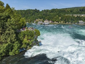 Aerial view of the Rhine Falls, viewing terrace on the left, Neuhausen, Canton Schaffhausen,