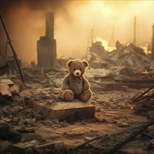 War children tragedy concept, sad teddy bear left in ruins of house destroyed at war, AI generated