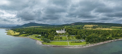 Aerial panorama of Dunrobin Castle, Golspie, Sutherland, Highlands, Scotland, United Kingdom,