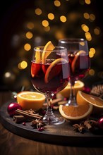 Two glasses of traditional mulled wine with orange and cranberry garnishes on a cozy Christmas