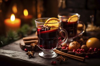 Two glasses of traditional mulled wine with orange and cranberry garnishes on a cozy Christmas