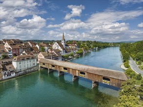 Aerial view of Diessenhofen with the historic wooden bridge over the Rhine, Canton Thurgau,