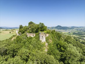 Aerial view of the Hegau volcano and the ruins of MÃ¤gdeberg castle, on the horizon the Hohenhewen,