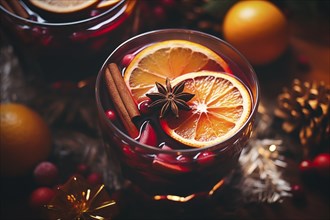 Glass of traditional mulled wine with orange and cranberry garnishes on a cozy Christmas table. The