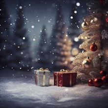 A pile of Christmas presents gift boxes under Christmas tree on winter snow background. The image