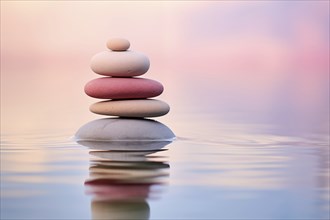 Stack of zen stones on water with a nature background. The image conveys a sense of balance,