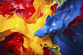 Abstract background of vibrant colorful paint splashes on black background, AI generated