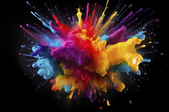 Abstract background of vibrant colorful paint splashes on black background, AI generated