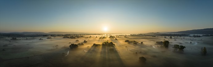 Aerial panorama of the Radolfzeller Aachried at sunrise and ground fog, on the horizon the western