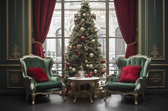 A cozy interior living room decorated for Christmas with a Christmas tree. The image captures the