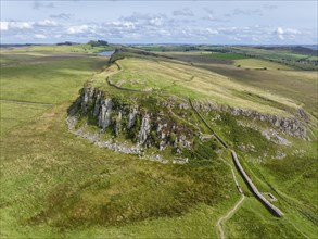 Aerial view of Hadrian's Wall, Steel Rigg, Haltwhistle, Northumberland, England, Great Britain