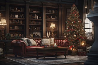 A cozy interior living room decorated for Christmas with a Christmas tree with presents gift boxes.