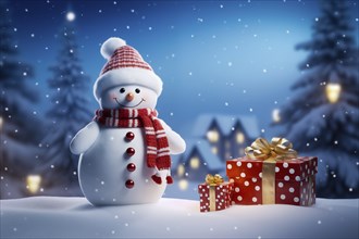 Peaceful and serene Christmas scene with a cute snowman and gifts presents in a snowy forest, AI