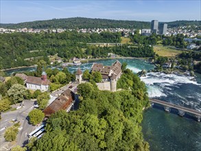 Aerial view of the Rhine Falls with tourist centre and Laufen Castle, Neuhausen, Canton