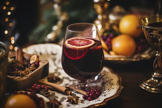 Glass of traditional mulled wine with orange and cranberry garnishes on a cozy Christmas table. The