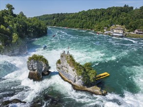 Aerial view of the Rhine Falls, with tourists on the viewing platform, Neuhausen, Canton