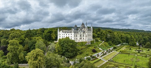 Aerial panorama of Dunrobin Castle, Golspie, Sutherland, Highlands, Scotland, United Kingdom,