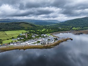 Aerial view of the village of Inveraray on Loch Fyne, a 65 kilometre long fjord, Argyll and Bute,