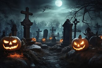 Halloween concept, spooky graveyard at night under full moon with Halloween jack-o-lantern pumpkins