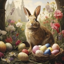 Easter bunny with eggs and flowers in background postcard, AI generated