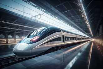 Modern high speed train in a futuristic train station. Modern transportation technology, speed,