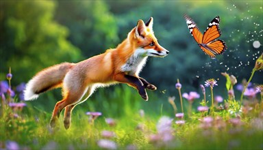 A red fox playfully chases a butterfly, AI generated