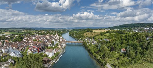 Aerial panorama of Diessenhofen with the historic wooden bridge over the Rhine, Canton Thurgau,