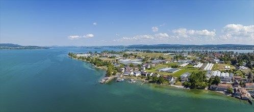 Aerial panorama of the western part of the island of Reichenau with the landing stage, on the