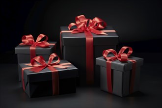 A black Friday Sale concept with black present boxes with red ribbons on a black background, AI