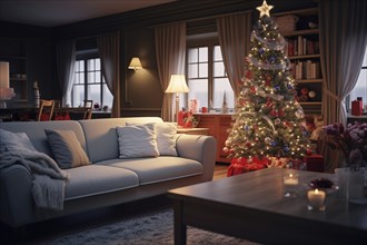 A cozy interior living room decorated for Christmas with a Christmas tree. The image captures the