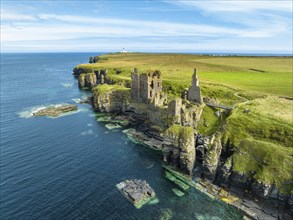 Aerial view of Girnigoe and Sinclair Castle ruins, rock castle on the North Sea coast, Wick, County