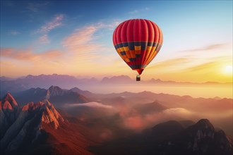 A colorful hot air balloon floats in sky over a desert mountain landscape at sunset with orange and