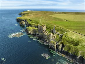 Aerial view of Girnigoe and Sinclair Castle ruins, rock castle on the North Sea coast, Wick, County