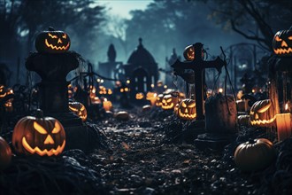 Halloween concept, spooky graveyard at night under full moon with Halloween jack-o-lantern pumpkins