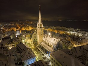 Aerial view, night view of the snow-covered and Christmas-lit old town of Radolfzell on Lake