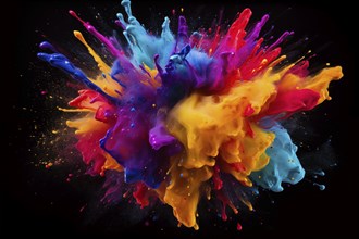 Abstract background of vibrant colorful paint splashes on black background, AI generated