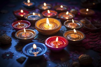 Diwali indian festival of lights background, burning diya lamps on a decorated table close up, AI