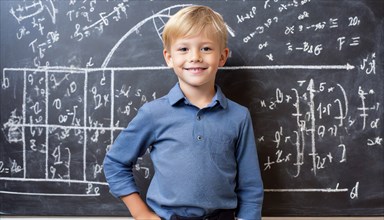 A little boy, about 9 years old, stands in front of a blackboard with a long formula, KI generated,